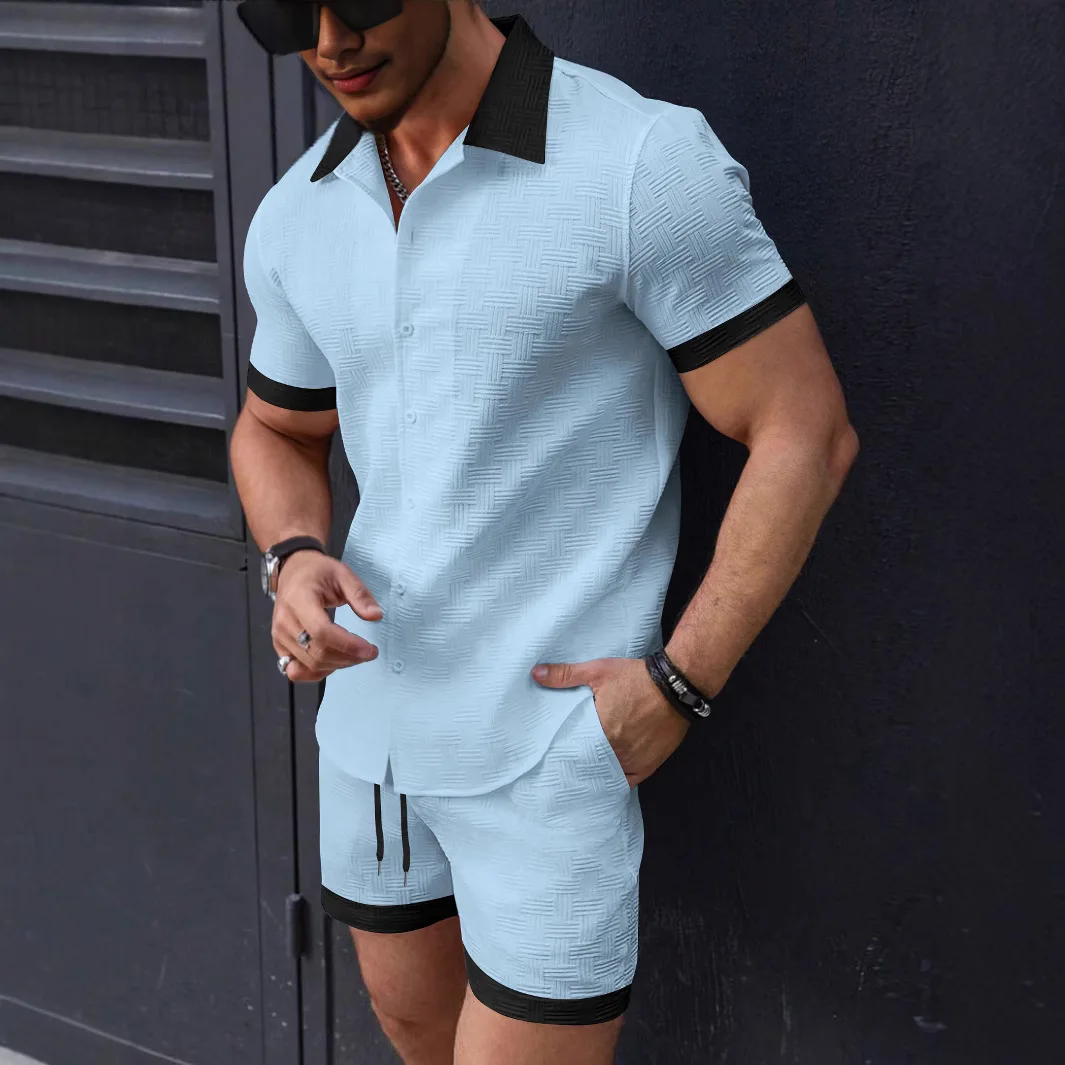 2025 Spring and summer new European and American fashion casual men's shirt color short-sleeved shorts beach suit 2