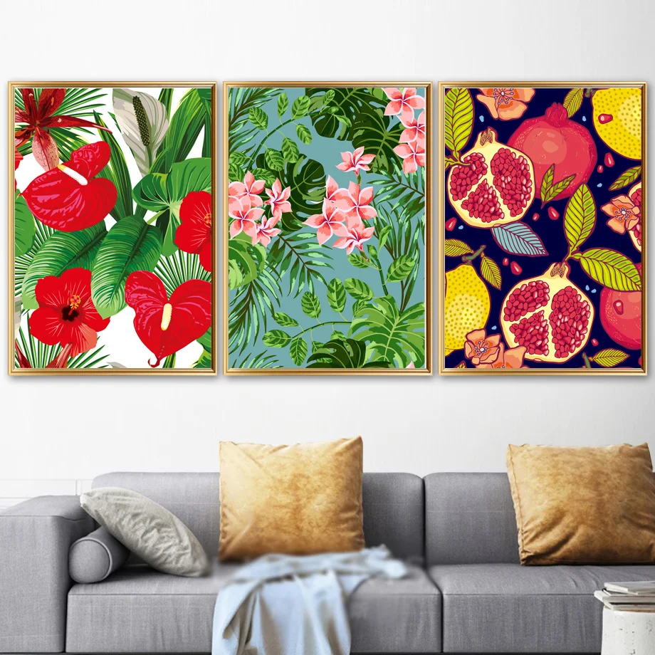 Foglie Di Piante Di Fiori Pittura Su Tela Di Melograno Rosso Poster Nordici Stampe Hd Immagini Di Arte Della Parete Per La Decorazione Domestica Del S