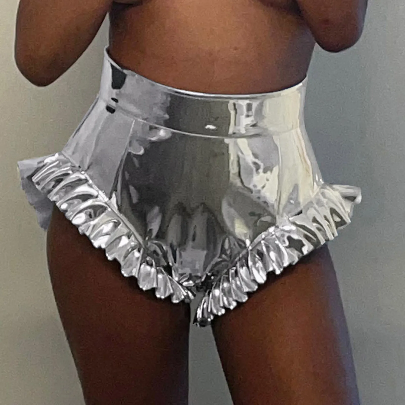 

Sexy Pu Faux Leather Shorts Womens Summer Y2k Silver Ruffles Ruched High Waist Bottoms Shiny Zipper Biker Shorts Mini Shorts