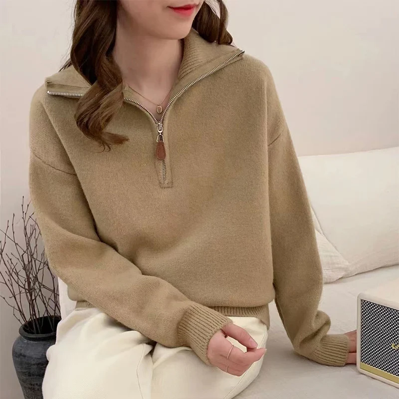 Korean Half Zip-Up Sweater Women Retro Loose Sporty Knitted Pullover ladies Autumn Winter thicken warm Long Sleeve knit Jumpers 5