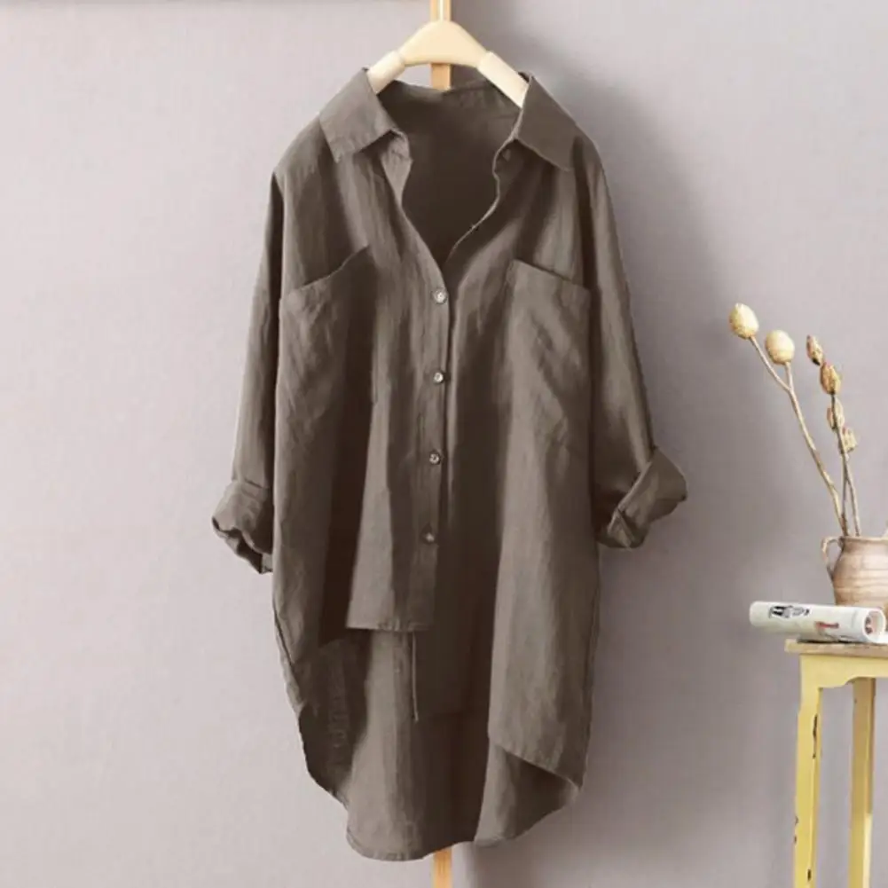 

Women Shirt Loose Fit Long Sleeve Double Pockets Longer Back Hemline Casual Shirt for Daily Life