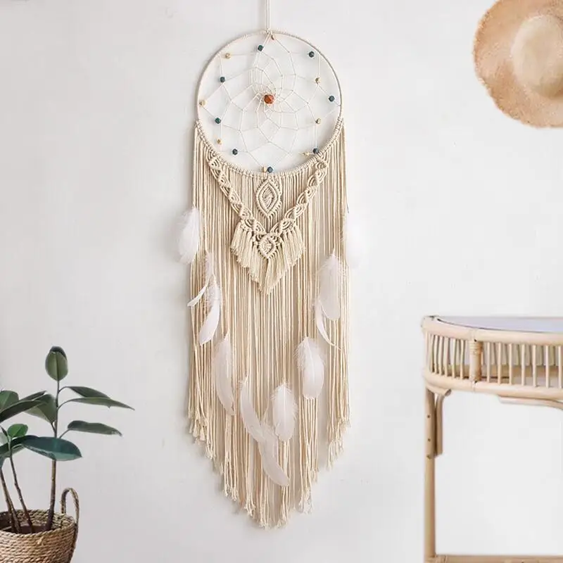 

Macrame Wall Hanging Dream Catcher with White Feather Colorful Beads For Home Decor Bedroom Decoration Housewarming Gift