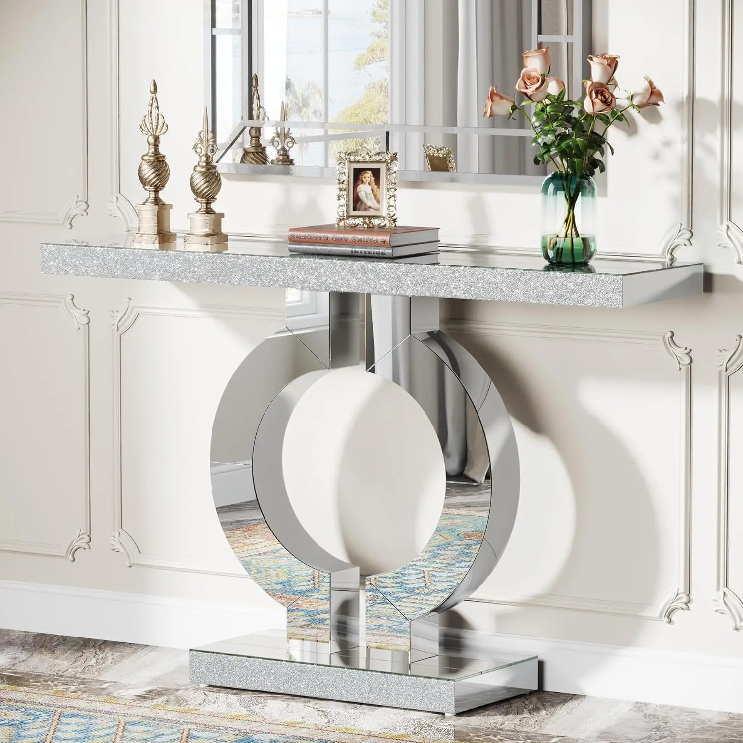 Mirrored Console Table with O-Shaped Base, Entryway Table Glass Sofa Table with Mirror Finish, Rectangle Accent Foyer Table