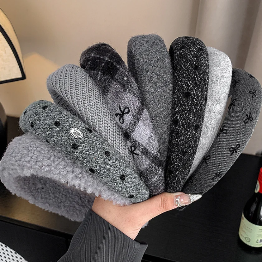 Neue graue Stirnbänder Retro gestrickte Schleife Wolle breites Haarband für Frau Mädchen elegante Haarband Dame Winter Mode Haarschmuck