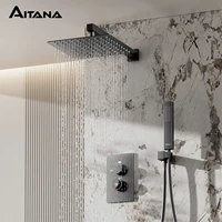 Système de douche minimaliste gris anthracite en laiton, affichage numérique LED mural élégant, mitigeur de salle de bain dissimulé avec mode pluie anti-brûlure 1