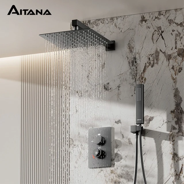 Système de douche minimaliste gris anthracite en laiton, affichage numérique LED mural élégant, mitigeur de salle de bain dissimulé avec mode pluie anti-brûlure 1