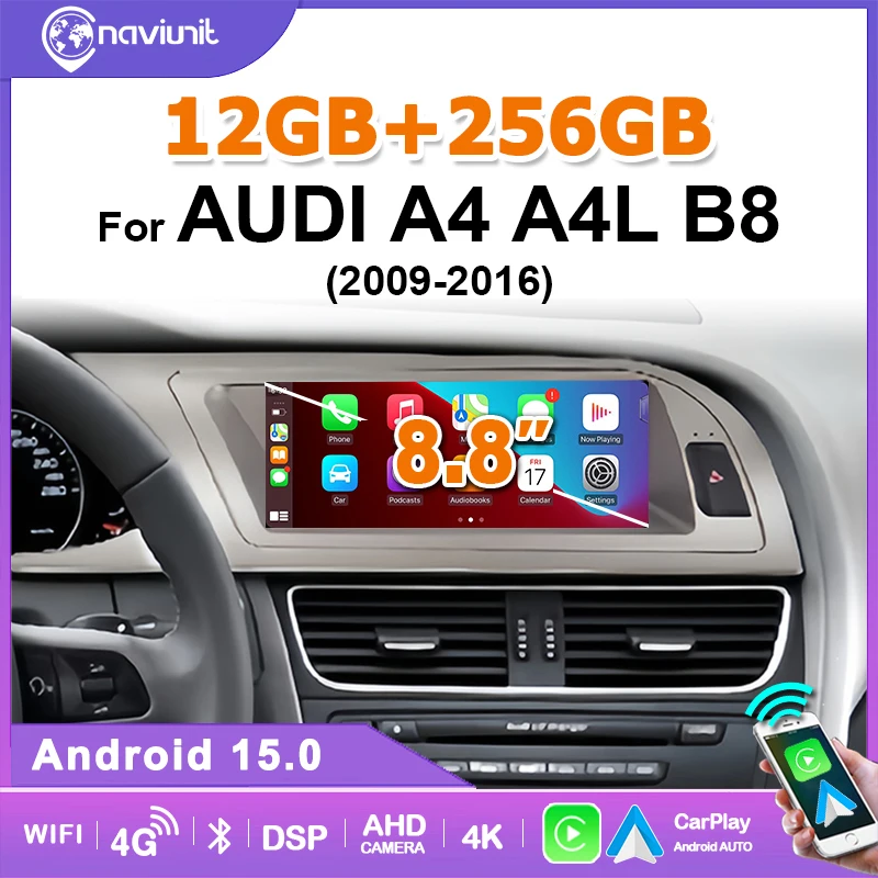 Radio de coche estéreo con pantalla inalámbrica Carplay Android 15 de 8.8'' para Audi A4 A4L B8 2009-2016, reproductor multimedia GPS con Google 4G LTE 1