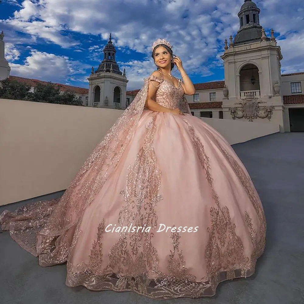 Pink Crystal Appliques Open Back Ball Gown Quinceanera Dresses Detachable  Cape Sweetheart Sleeveless Vestido De 15 16 Anos