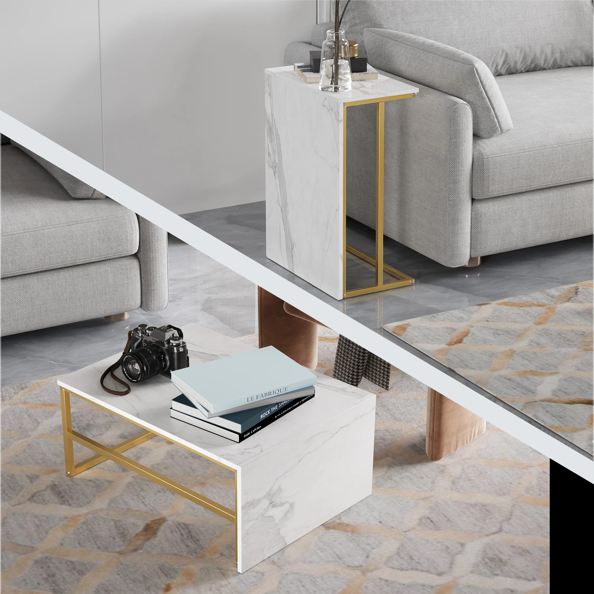Rosahqnda Couchtisch-Set, 2-teiliges Set moderner Couchtisch, rechteckige Beistelltische mit Ablagefach, Metallgestell, für das Wohnzimmer – Detail 7