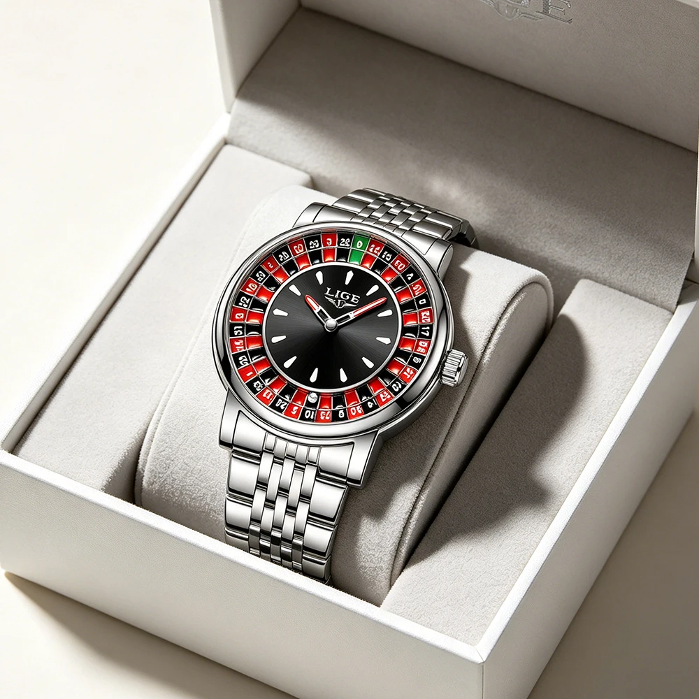 LIGE Men's Fashion Watch with Rotating Dial and Las Vegas Roulette Theme, Waterproof and Luminous