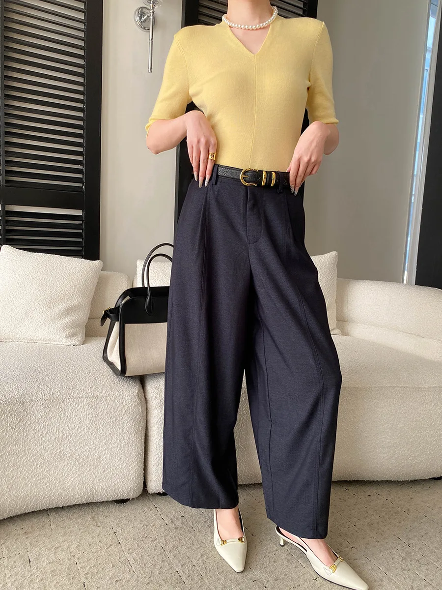 Frühlingshose für Damen, einfarbig, französischer Stil, hohe Taille, schlank machend, vielseitig, lässig, weit geschnitten – Detail 10
