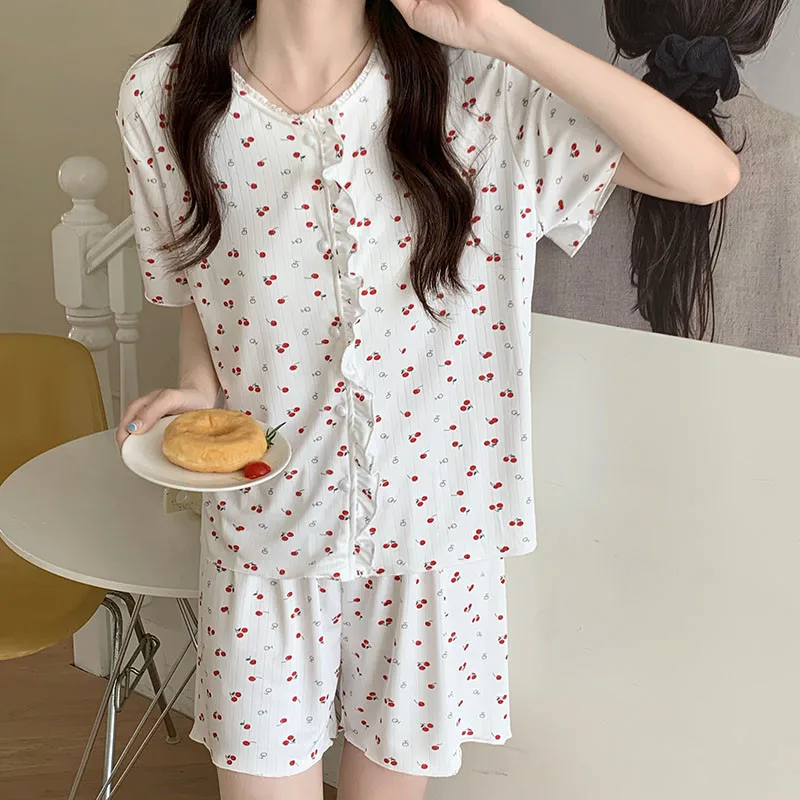 2024 Summer New Pajamas Ladies Knit Cotton Printed Short Sleeve Thin Shorts Casual Cute Girls Sweet Lapel Homewear 2 Piece Set