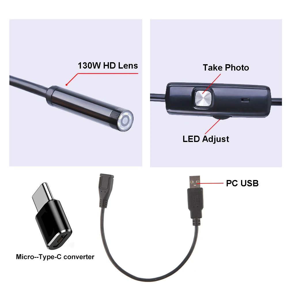 1-2m 7.0mm Mini Endoscope Camera IP67 Waterproof 6 LED Adjustable USB Android Flexible Inspection Borescope Cameras For Phone PC