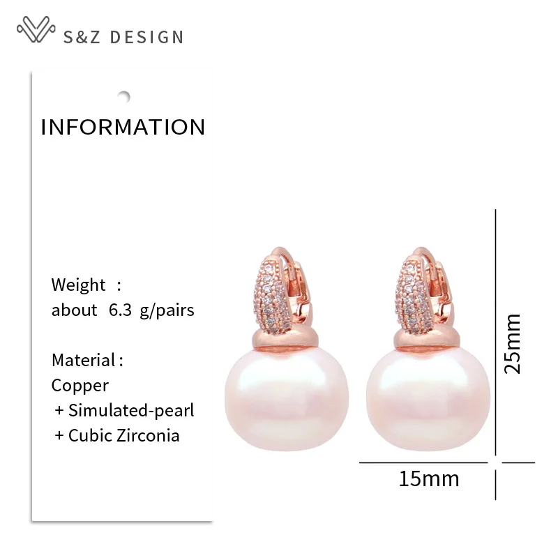 S&Z DESIGN New Fashion Round Rectangle Simulated-pearl Bead Drop Earrings For Women 585 Rose Gold Color Cubic Zirconia Eardrop