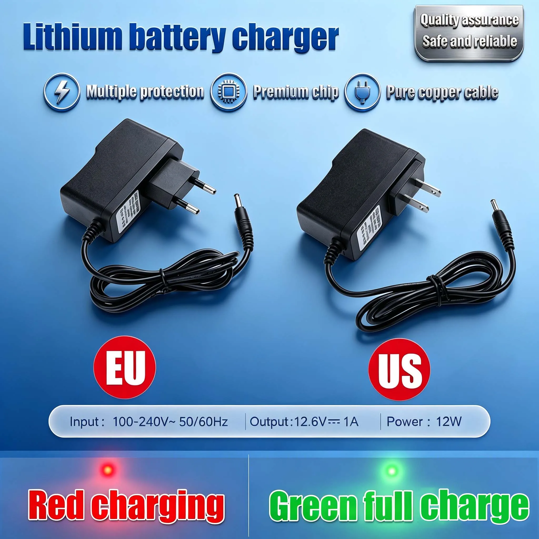 12.6V 1A 18650 리튬 배터리 충전기 12V 1A 미국/EU 플러그 100-240V..