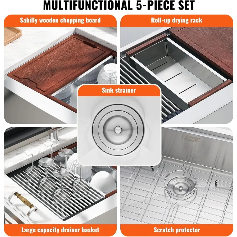 33 Inch Kitchen Sink, 304 Stainless Steel Sink, Top Mount Single Bowl Kitchen Sinks with Ledge & Accessories, Dishwasher Sinks 3