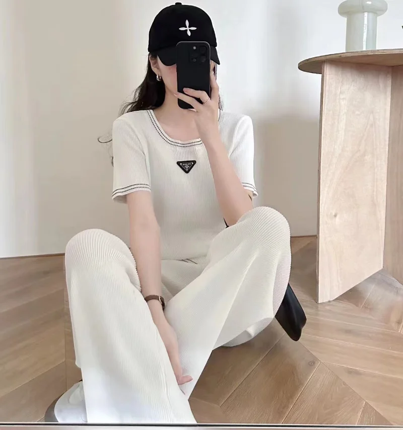 

New Knitted Tracksuit Women Two Piece Set Summer Short Sleeve O-neck Pullover Tops + Wide Leg Pants Sets Fashion Sports Outfit