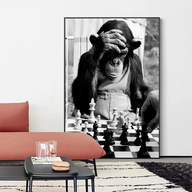 

Funny Monkey Play Chess Reading Newspaper Poster Modern Black White Decorative Paintings Canvas Wall Art Picture Home Room Decor