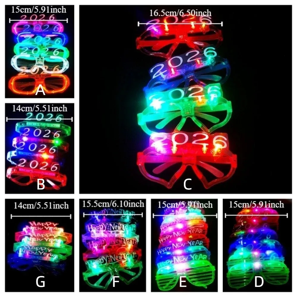 LED Glow 2026New Year Glow Glasses Square/Love Heart Shape Photographic Ornaments 2026 LED Glow Glasses Light Up Number Letter