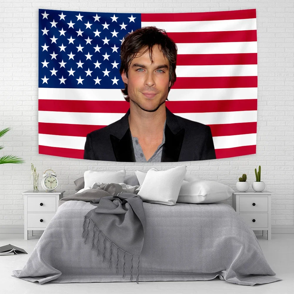 Ian Somerhalder American Flag Vampire Diaries Poster Damon Salvatorea Tapestrys Aesthetic Bedroom tapestry house decoration tapestry decorations