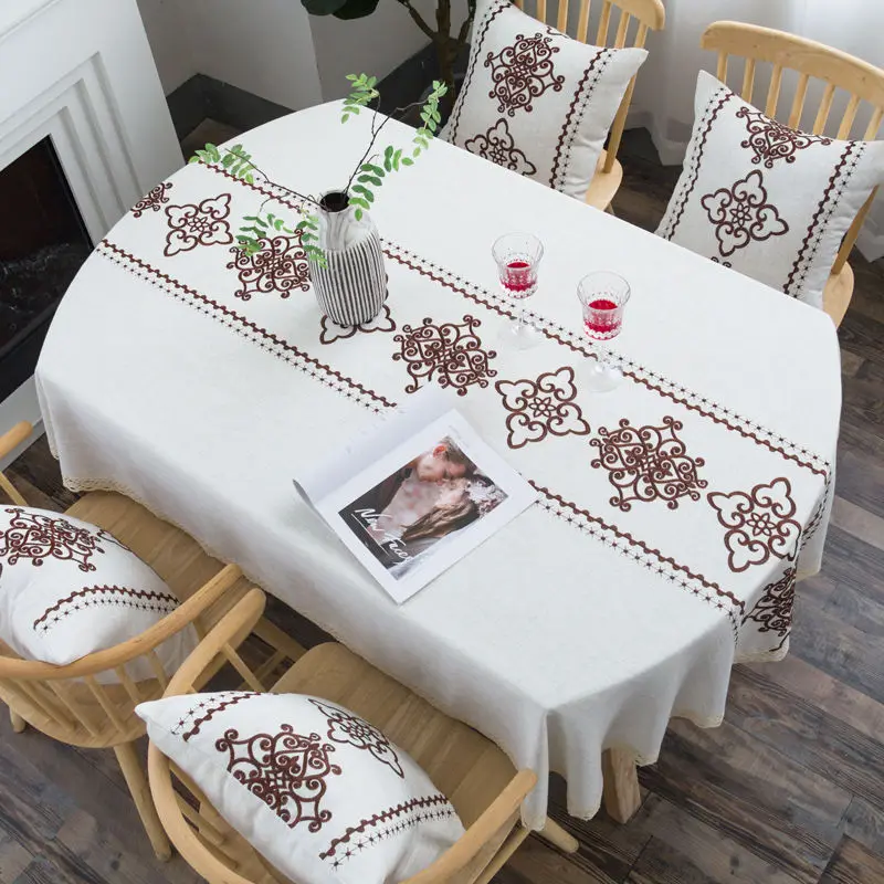 Tablecloth Oval 185cm White Linen Floral Embroidery Classic Ellipse