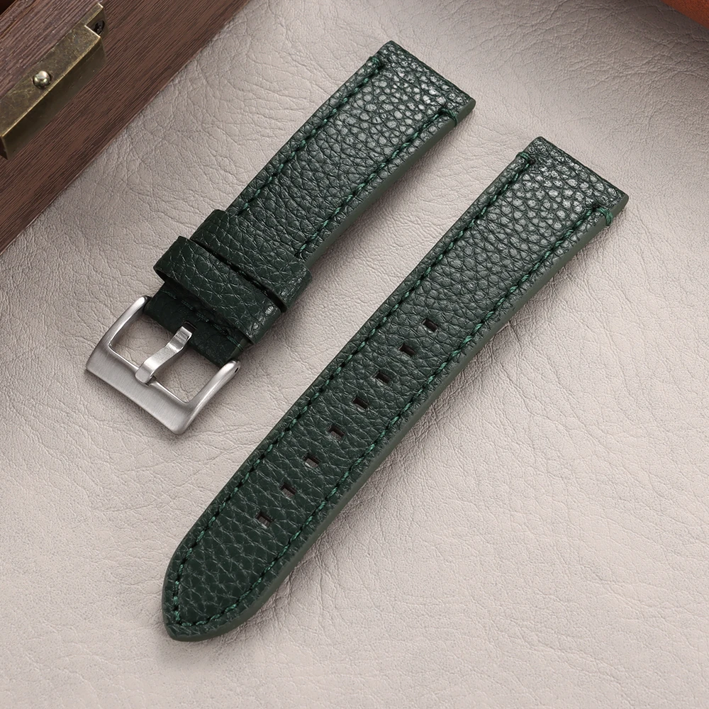 Luxury Lychee Pattern Leather Watch Band - Brown Bracelet with Elegant Stitching