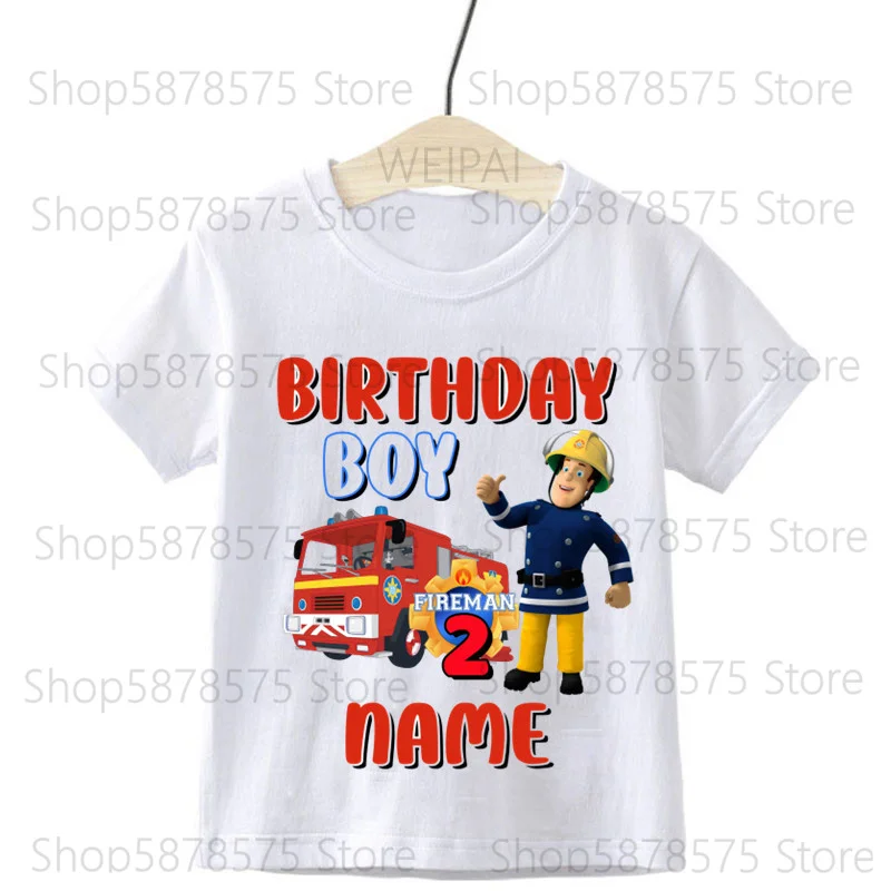 Family Matching Fireman Sam Custom Name Birthday Boy Party T-Shirt Children Birthday Tops Boy T-Shirt Gift Please Note The Name 2