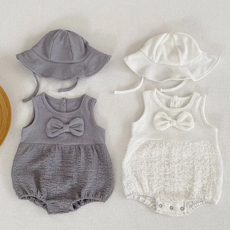 

Summer Korean Style Children Clothes Toddler Baby Girls Jumpsuit+Hat Sleeveless Cotton Solid Color Infant Baby Girls Bodysuits