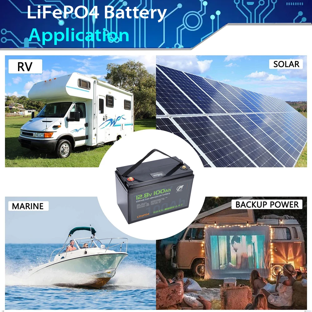 LiFePO4 Lithium Battery Car Battery Charger 12V 100Ah fully automatic BMS  LCD Display for RV Golf Cart Camping Off-grid Solar