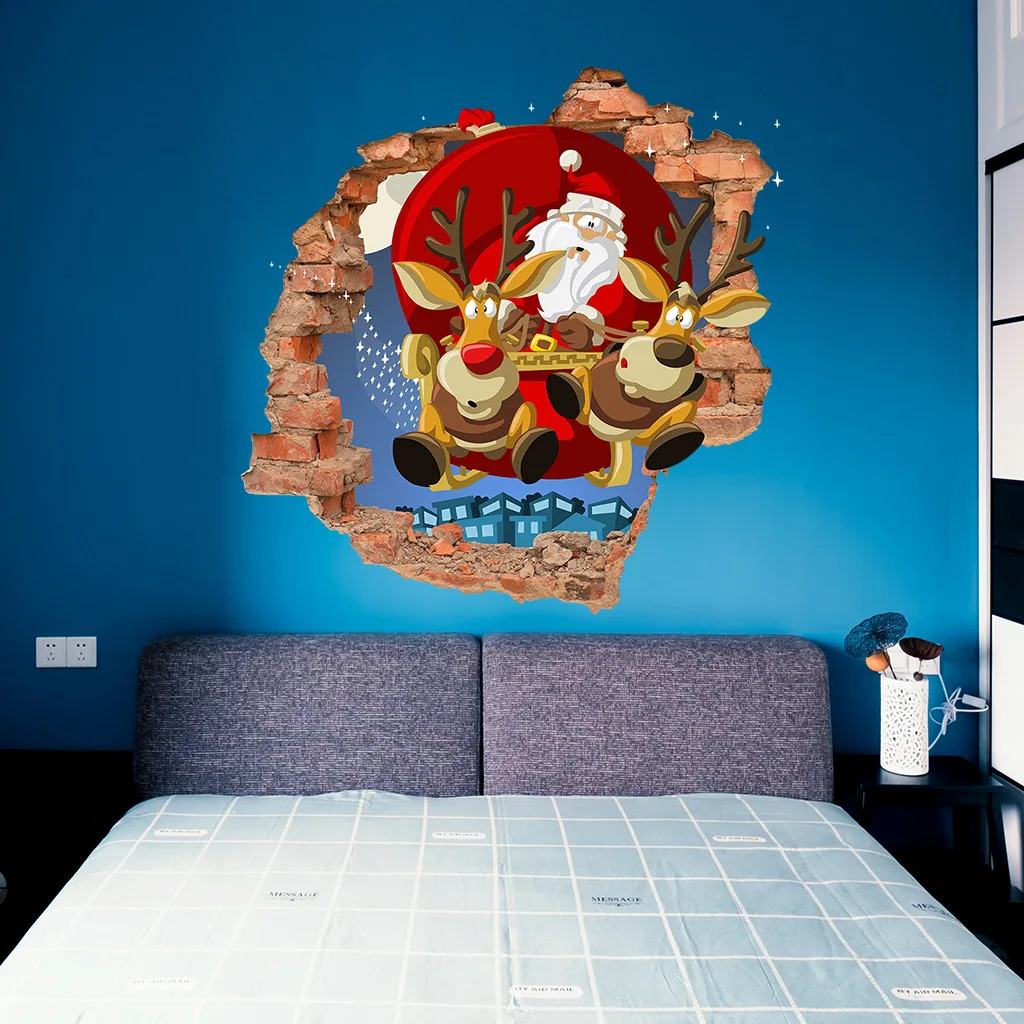 

C203# Elk Pulls Santa Claus To Give Gifts Wall Sticker Kids Room Background Home Decoration Mural Living Room Wallpaper Decal