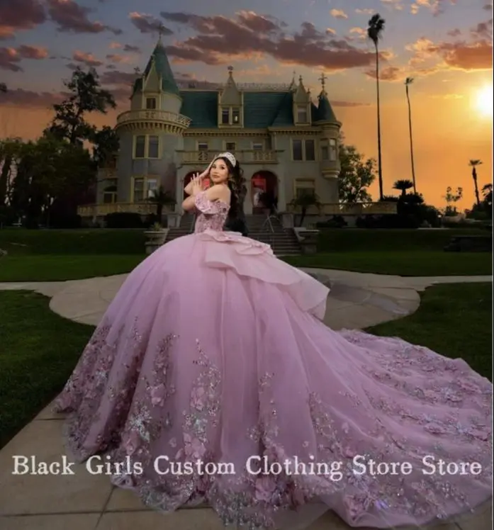 Princess Pink 15 Quinceanera Luxury Strapless Poncho 3D Floral Applique Corset Chapel Train Mexico vestido xv a&ntilde;os Custom