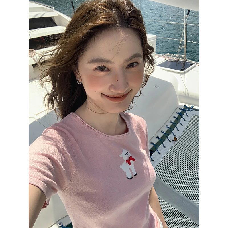 안녕하세요 카농 양고기 자카드 컬링 라운드 넥 니트 티셔츠 여성 봄과 여름 새로운 슬림 핏 슬리밍 짧은 소매 탑 