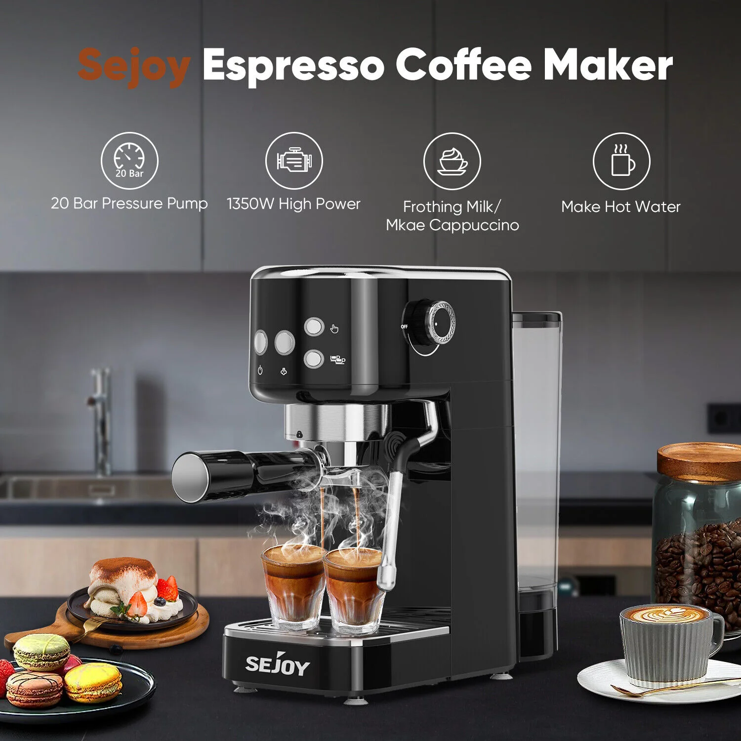 SEJOY Espresso Machine, Professional Espresso Maker with Milk Frother Steam Wand, Compact Espresso Coffee Machine 3