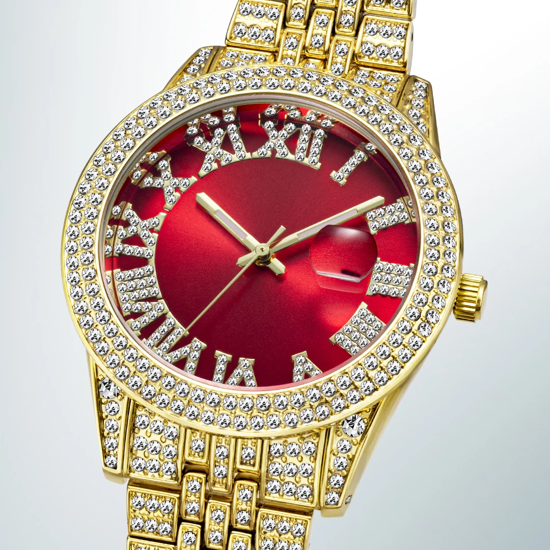 Women Men\'s Quartz Watches Iced Out Diamond Bling Red Watch For Male Female Couple Waterproof Calendar Lover Clock New In