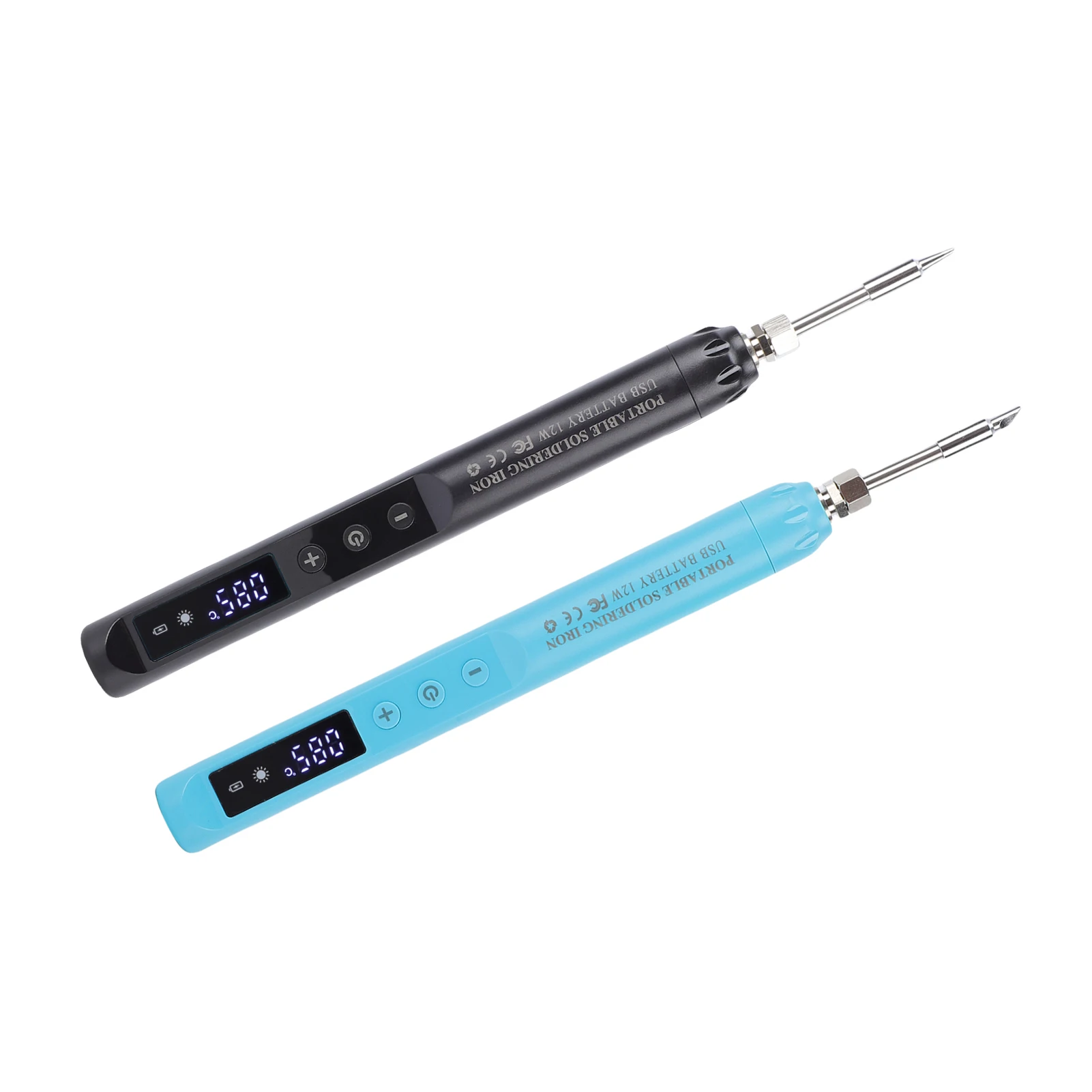 Kit fer à souder sans fil avec écran LCD, batterie rechargeable, câble USB-C et embouts de rechange.