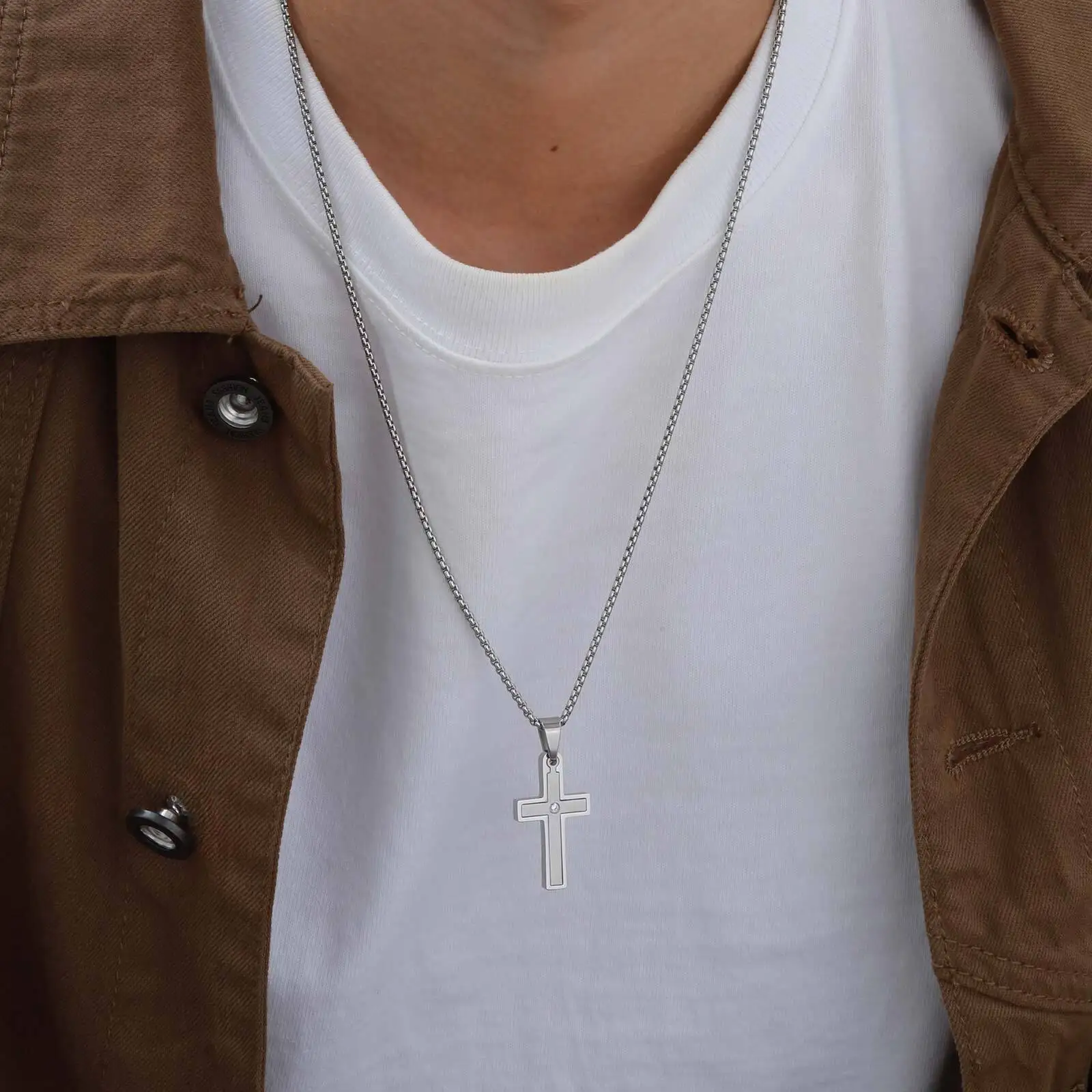 Unisex Stainless Steel Cross Pendants Necklaces Zircon Center Inlayed Christ Cross Collar For Men Women Faith Jewelry