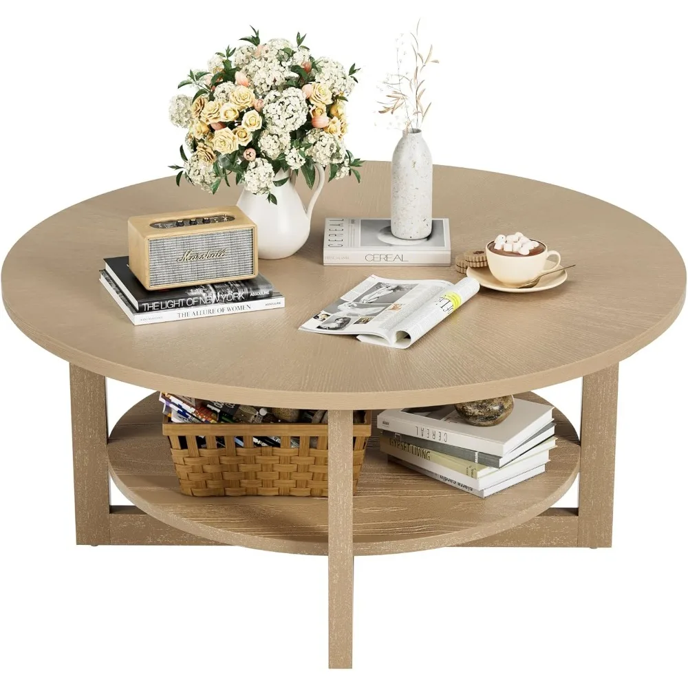 2-Tier Solid Wooden Circle Coffee Table for Living Room, Circular Rustic Farmhouse Coffee Table with Storage Shelf 3