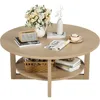 2-Tier Solid Wooden Circle Coffee Table for Living Room, Circular Rustic Farmhouse Coffee Table with Storage Shelf 3