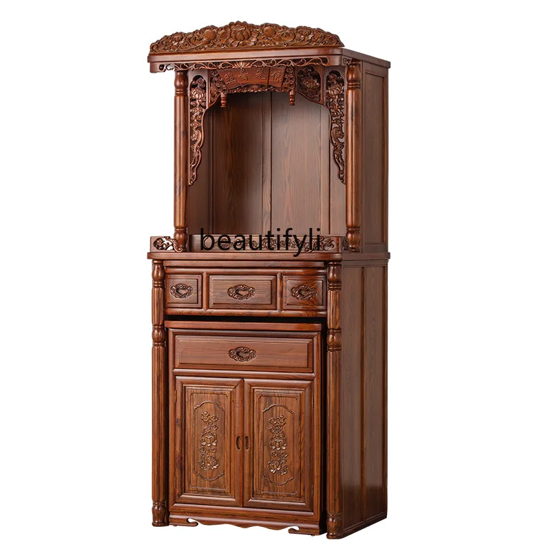 Buddha Niche New Chinese Style Clothes Closet Teak Golden Solid Wood Altar Cabinet Altar Incense Burner Table Shrine