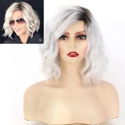 Black Root Short Synthetic Curly Bob Wigs Ombre Hair Womens Fashion Grey Curly Hair Loose Wave Heat Resistant Fiber Wig Perruque