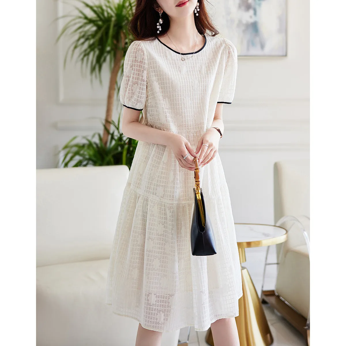 

2023 Summer New Casual Loose O-Neck Woman Dress Short Sleeve Elegant Sweet Sheer Office Hollow Out Long Work Dreess X7971