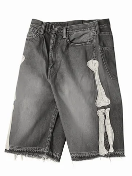 Y2k Casual Embroidered Bone  Retro Denim Shorts For Men Women 1