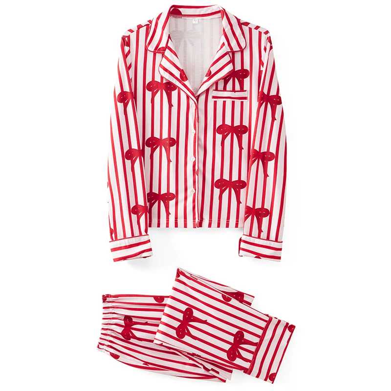 thumbnail image 5 of Conjunto de pijama navideño de 2 piezas a juego para la familia Combhasaki, blusa de manga larga con botones y cuello de solapa + pantalones largos, ropa de estar por casa con estampado de lazo, 5 of 5