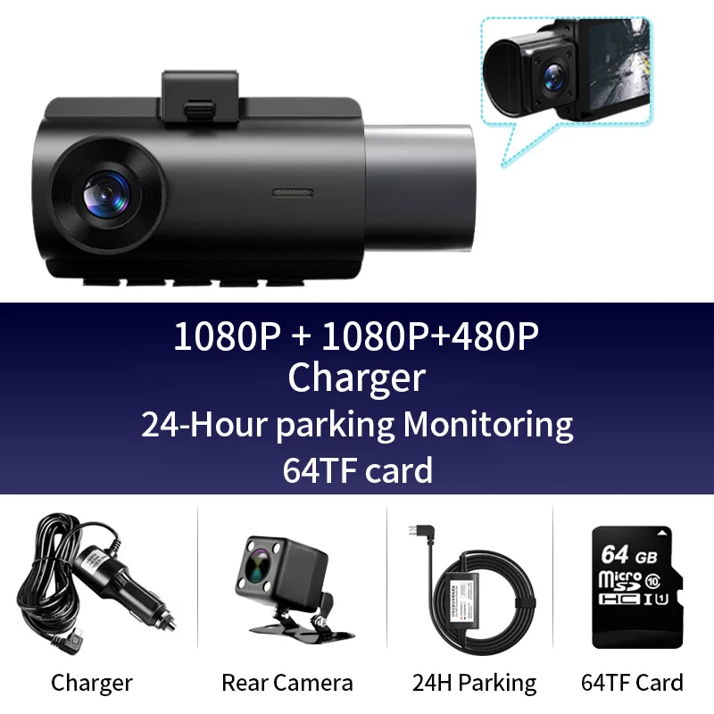 thumbnail image 1 of OBDPEAK Full HD 1080P Car DVR Dashcam 3 Cameras WDR Night Vision Dual Lens Rearview Cam Reverse Auto Video Recorder 24H Parking, 1 of 5
