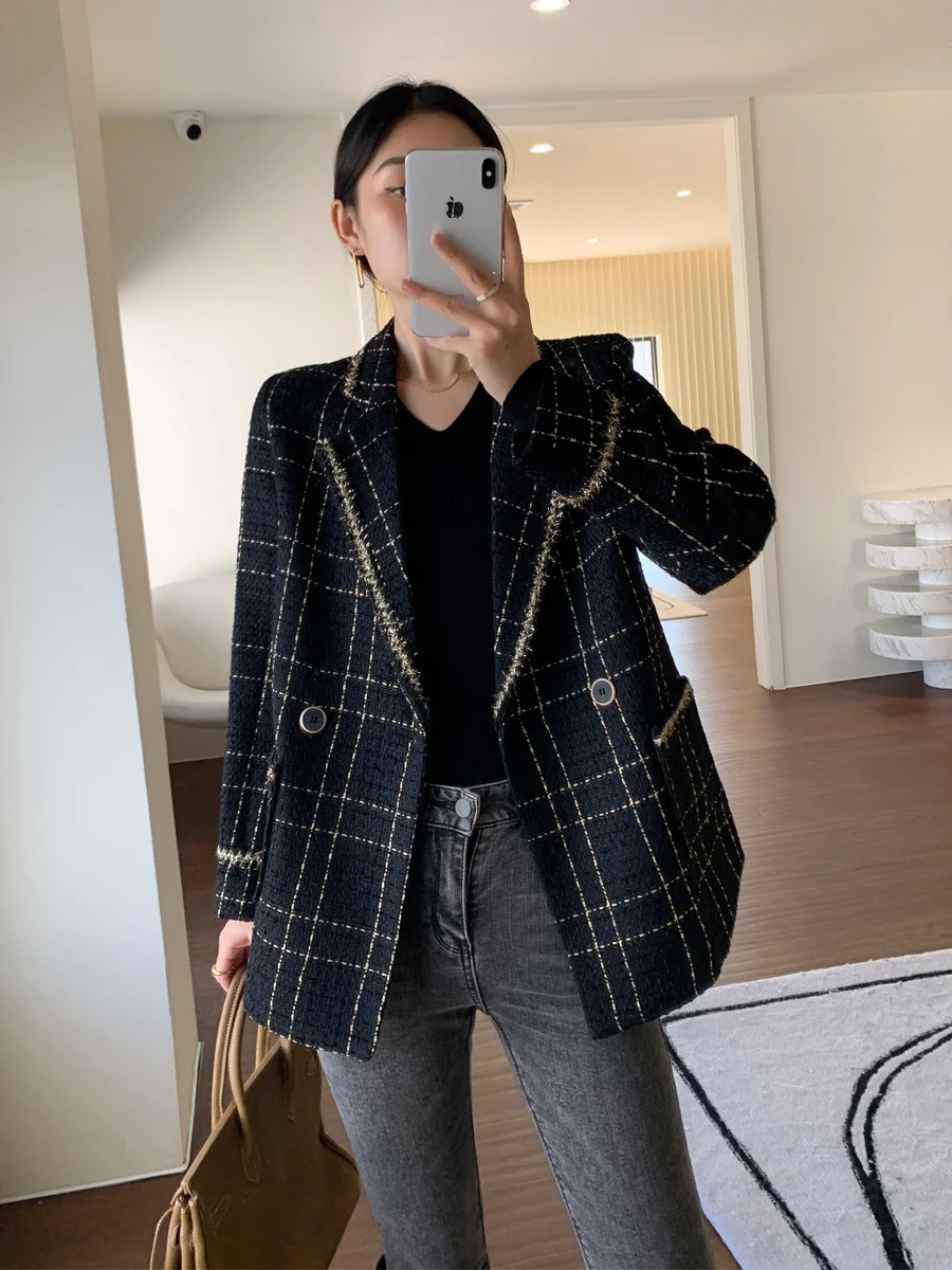 

Black Wool Small Fragrant Coat Women's 2023 Spring and Autumn Loose fitting Celebrity French tweed plaid small