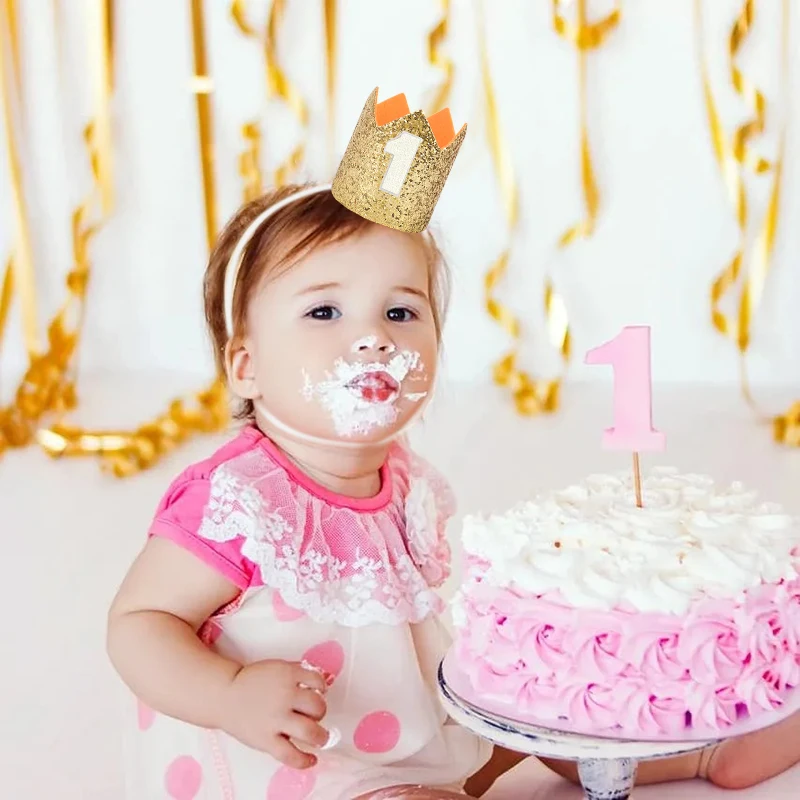 thumbnail image 2 of First Birthday Crown Hat - White Glitter With Iridescent Number 1, Unisex Baby Party Accessory 2 of 11