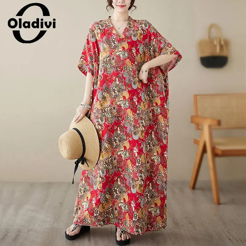 

Oladivi Fashion Print Large Size Women Bohemian Beach Dress Summer Boho Maxi Long Boho Dresses Oversized Tunic Robe 8XL 9XL 5842