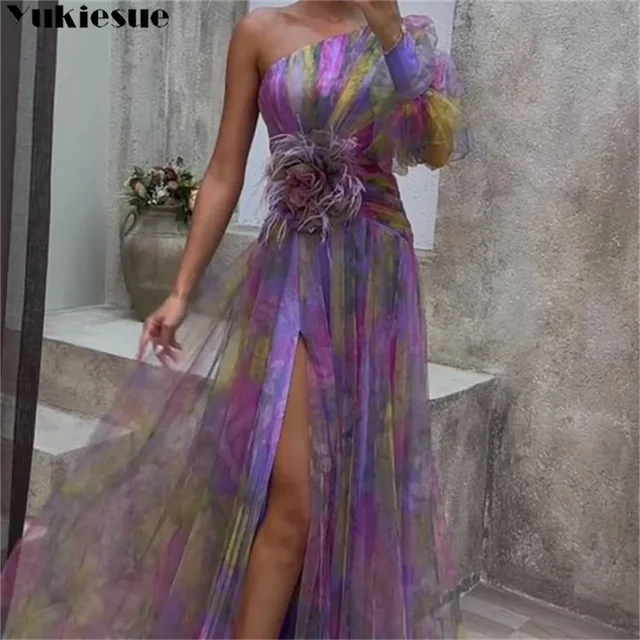 Women Dress 2023 Summer New Style French Style Fashion Sexy Print Fashion One Shoulder Long Sleeve Split Lady Party Dresses 1