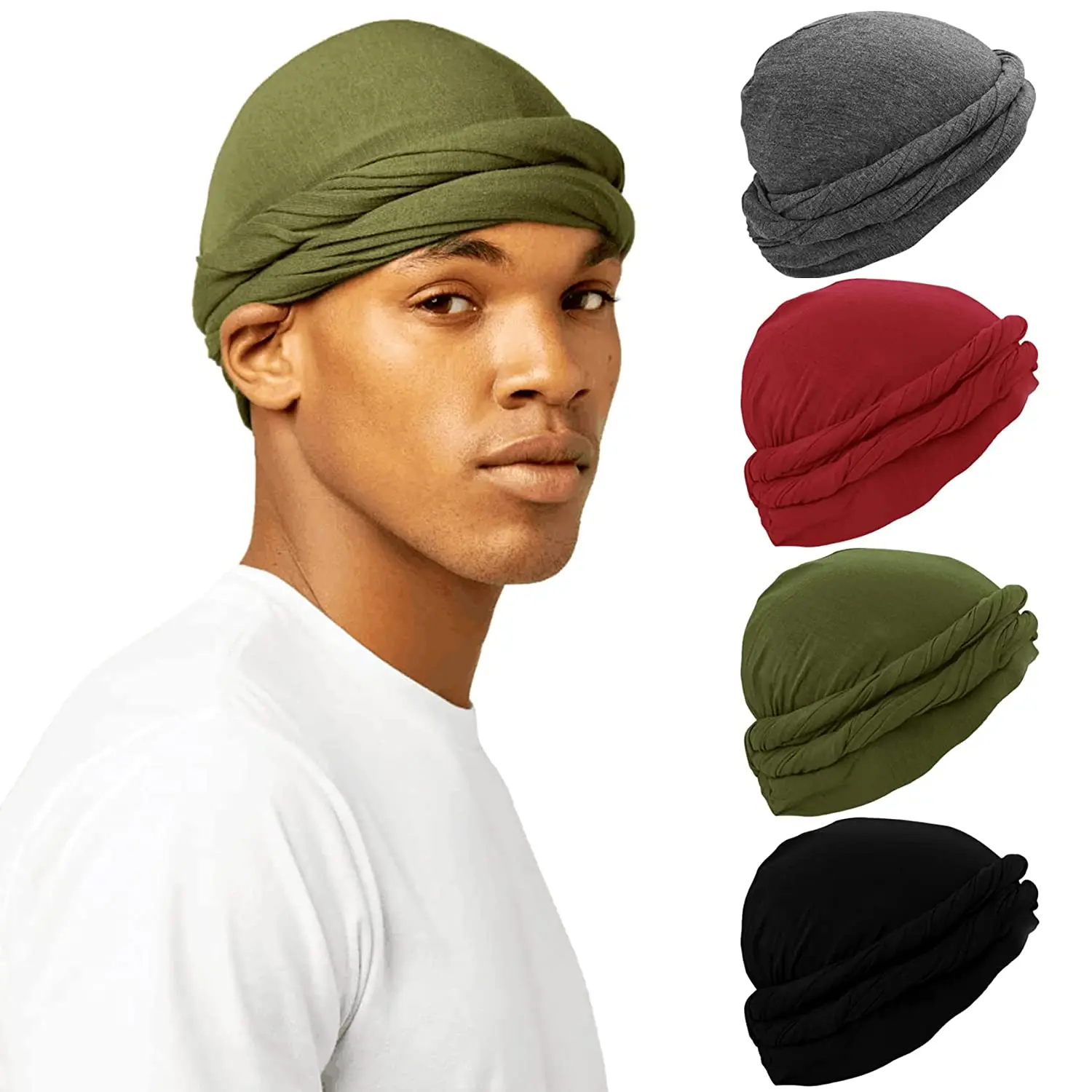 Men Fashion Vintage Halo Turban Solid Casual Style Head Wrap For Decoration Double-layer Breathable Head Scarf Elastic Caps 1