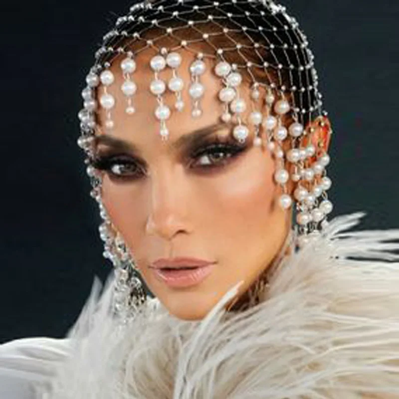 Wedding Fishnet Mesh Headband for Hair Women Pearl Tassel Bridal Hairband Hair Accessories Bridal Forehead Tiara Head Chain Cap